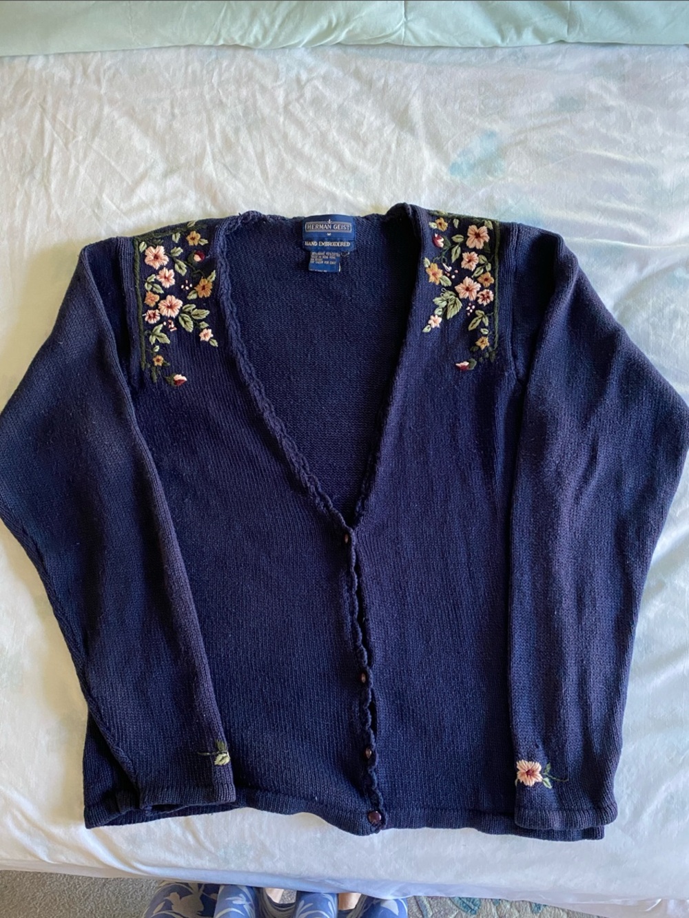 Vintage Navy Floral-Embroidered V-Neck Cardigan